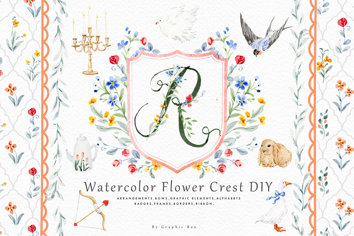 Watercolor Flower Crest DIY, a Decorative Illustration by Graphic Box (Photo 1 of 13)
