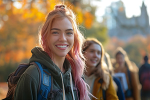 A cheerful young Caucasian woman enjoying autumn with friends in a park, surrou, a Person Photo by ImageMir