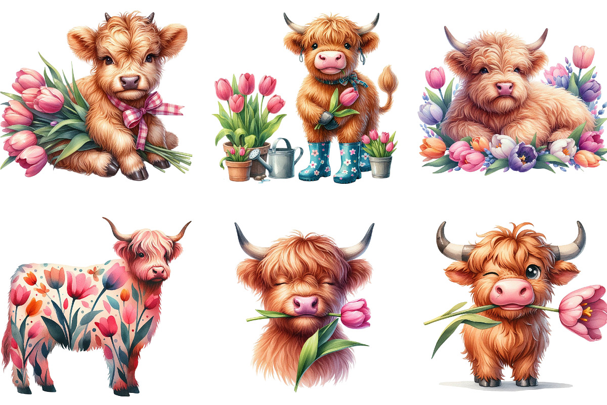 Highland Cow with Tulip Flower, a Seasonal Illustration by DreamArtGraphic (Photo 2 of 4)