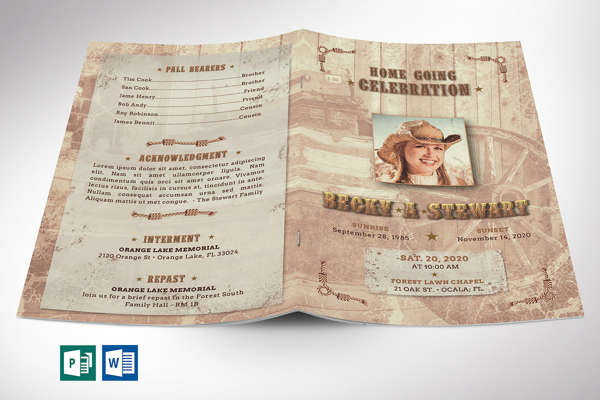 Cow Girl Funeral Program Word, a Brochure Template by Four C Graphic (Photo 1 of 10)