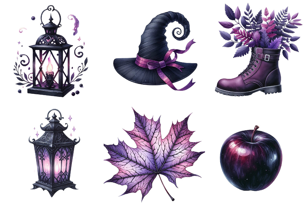 Black & Purple Autumn Clipart, an Illustration by Watercolor design (Photo 3 of 4)