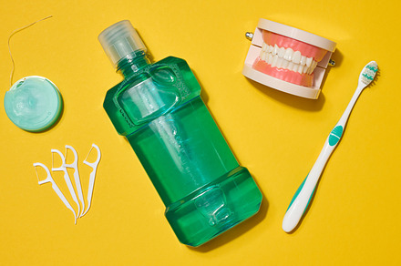 Dental floss in a case, green mouthwash bottle, jaw model, tooth