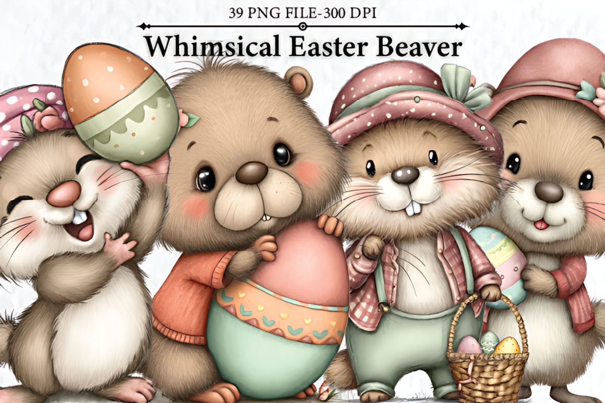 Whimsical Easter Beaver Clipart, a Seasonal Illustration by HueNestify (Photo 1 of 3)