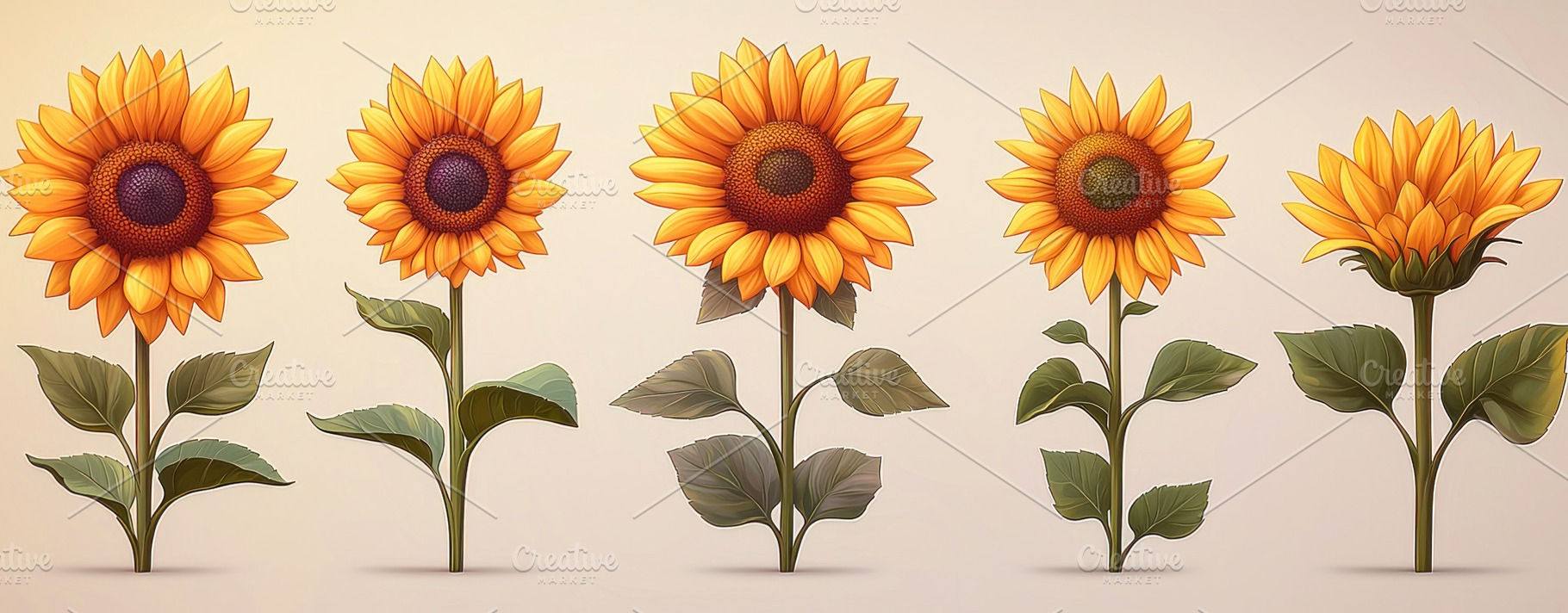 Five sunflowers in various blooming stages with large green leav, a Nature Photo by José Manuel Gelpi