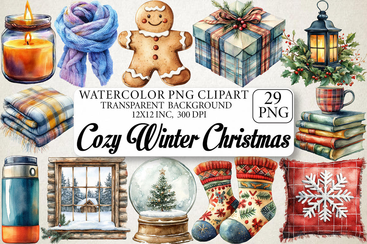 Watercolor Cozy Winter Christmas Cli, an Illustration by DreamPrint404 (Photo 1 of 6)