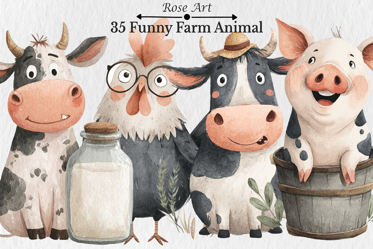 Watercolor Funny Farm Animal Clipart, a Seasonal Illustration by Rose Art (Photo 1 of 7)