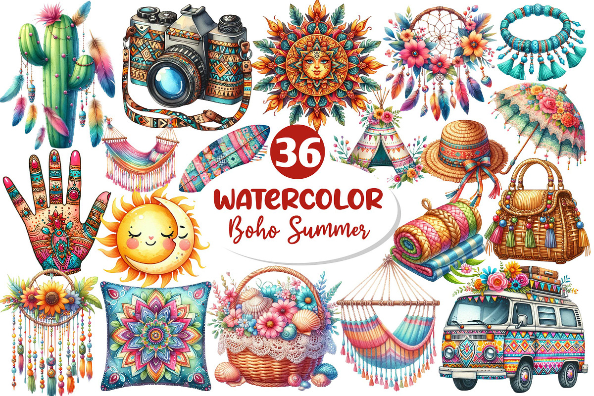 Watercolor Boho Summer Clipart PNG, an Illustration by Dream Creation (Photo 1 of 4)