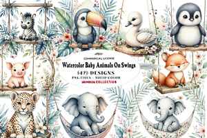 Watercolor Baby Animals On Swings