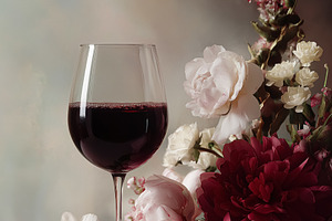 Still life featuring a glass of red wine with dark, moody peony flowers, creati, a Food & Drink Photo by Studio ANNA