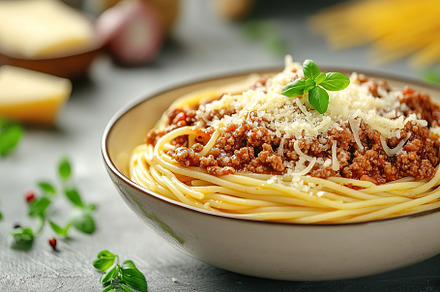 Spaghetti bolognese with ground beef in plate, a Food & Drink Photo by AlyaAnd