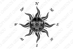 Compass Sun Face Etching Rose, an Illustration by Christos Georghiou