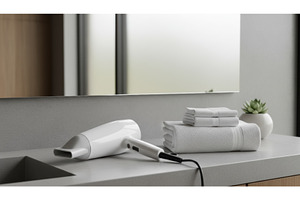 White hair dryer resting on bathroom, a Nature Photo by Igor Tichonow