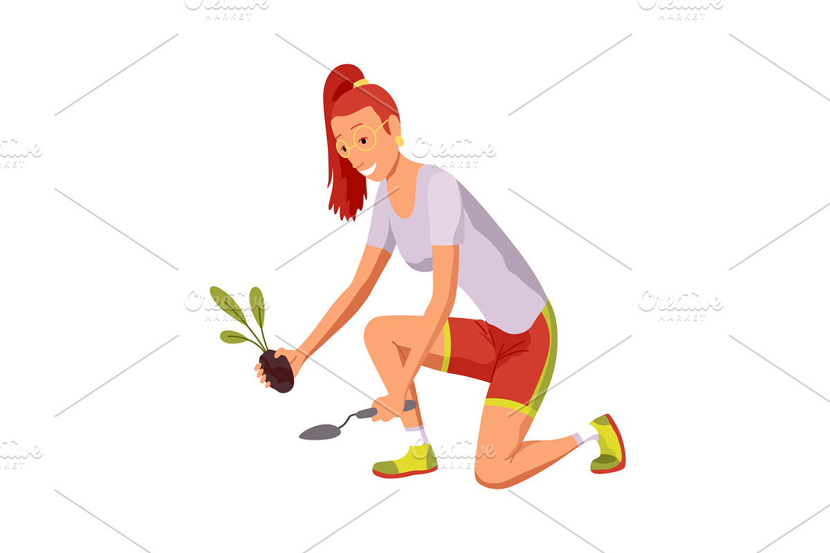A woman kneels with a potted plant, an Object Illustration by the8monkey