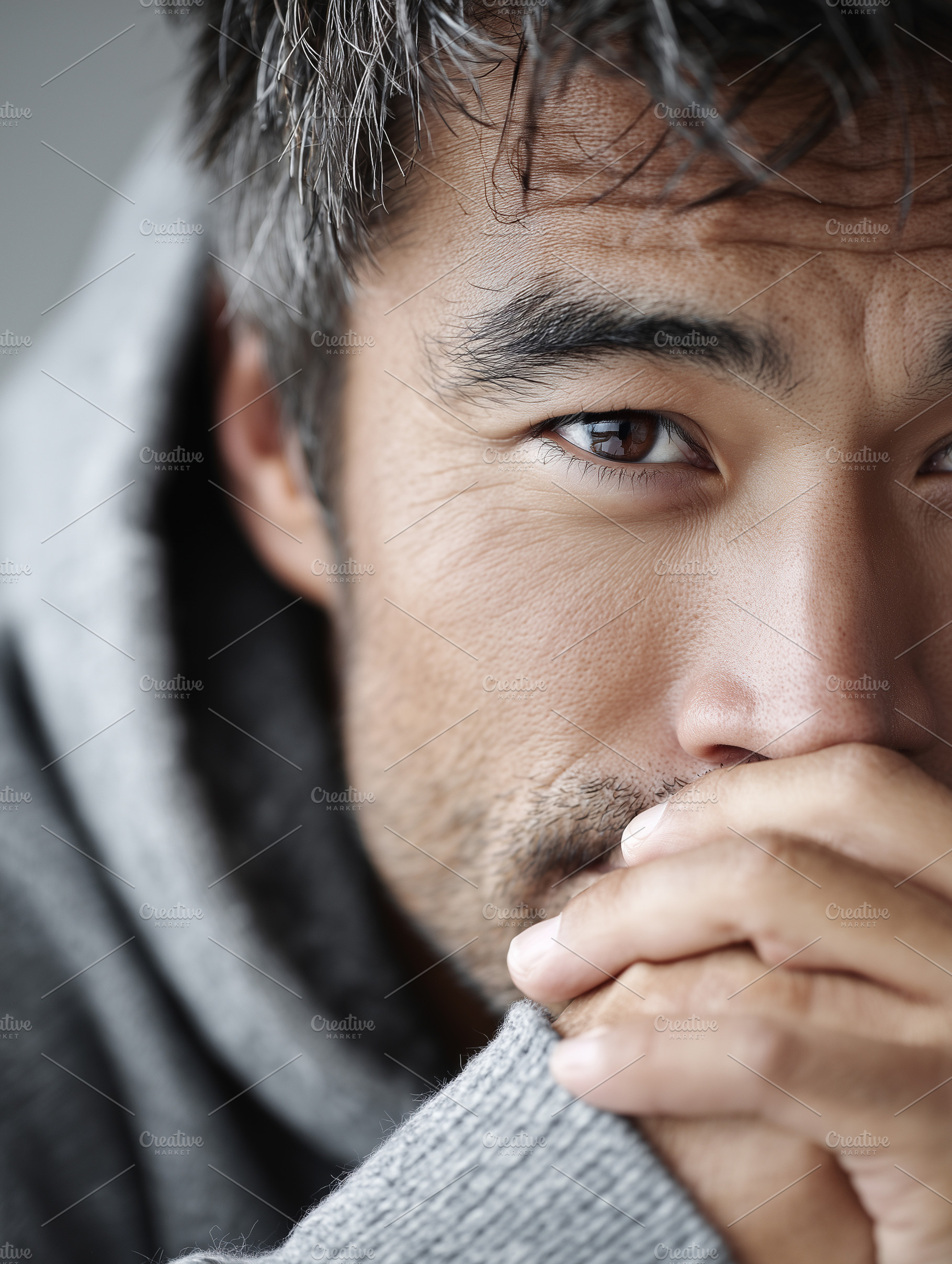 Thoughtful asian man with stubble, a Person Photo by MistyDay