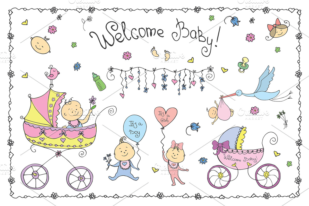 Welcome baby, cute set, a Decorative Illustration by naum_studio