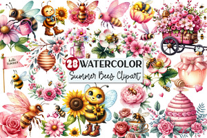 Pink Summer Bees Garden Clipart, an Illustration by Rose Art