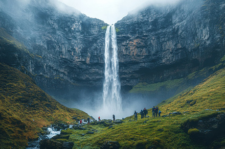 Waterfall plunges from cliffs into a, a Background Photo by Pixeness