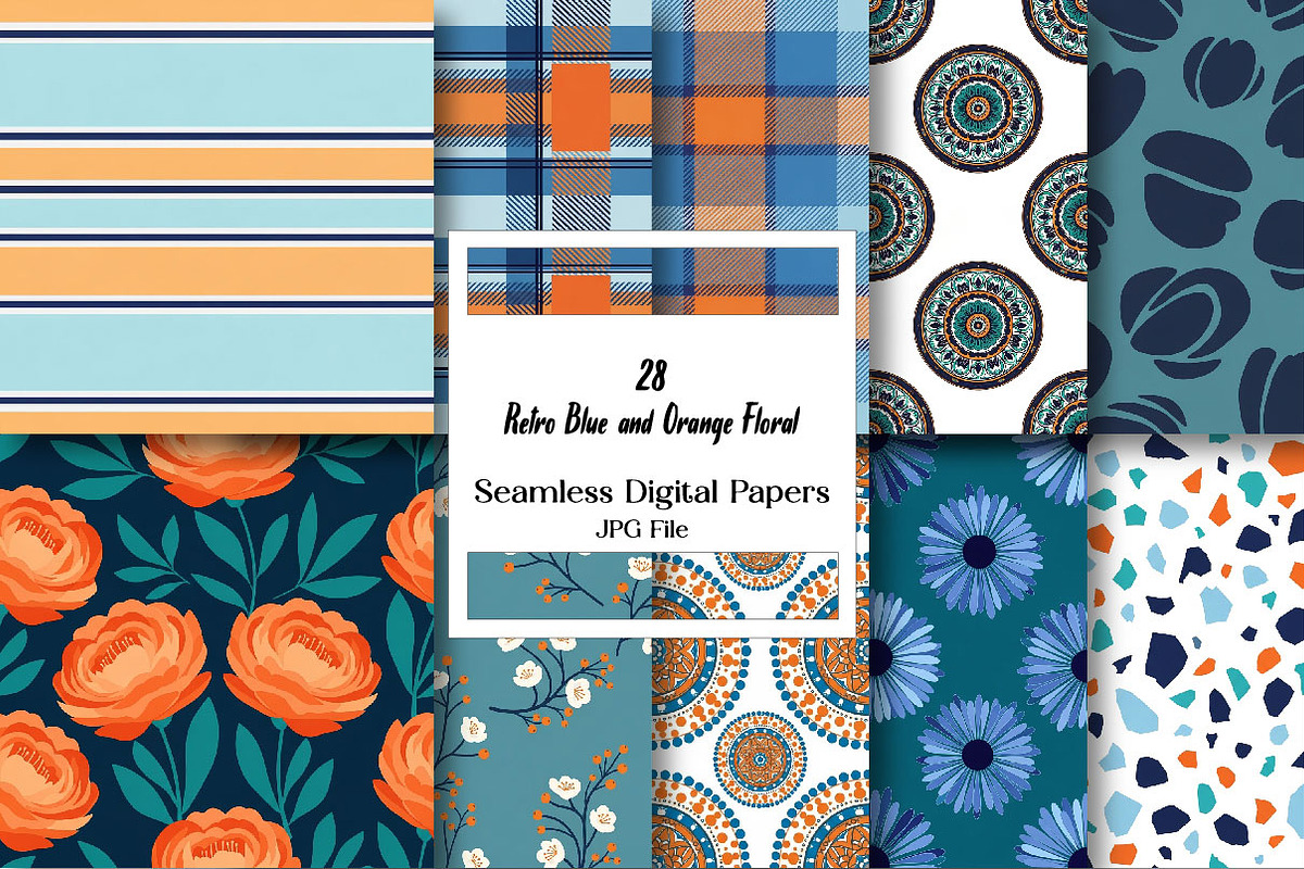 Retro Blue and Orange Floral Digital, a Pattern Graphic by Wow Magic (Photo 1 of 3)