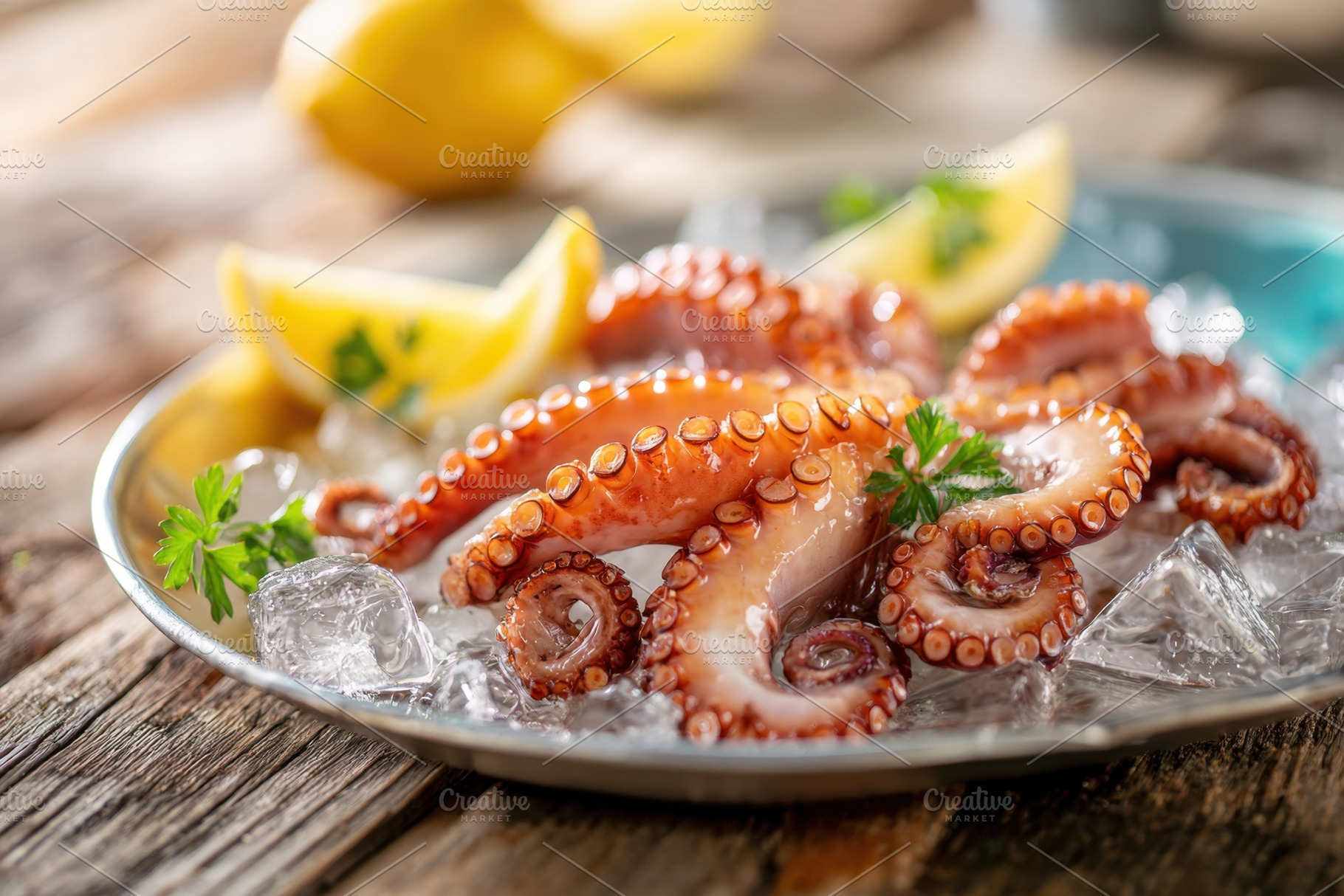 Fresh octopus on ice with lemon and parsley, a Food & Drink Photo by AlyaAnd