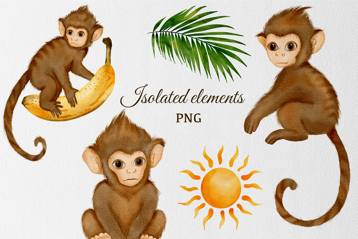 Little Monkeys Watercolor animal set, an Animal Illustration by ZabolotnaArt (Photo 2 of 9)