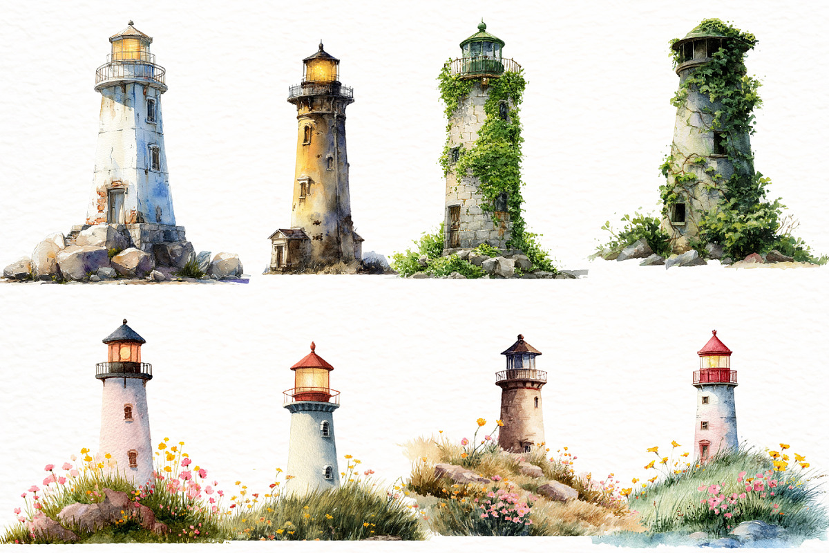 Watercolor Summer lighthouse clipart, an Illustration by Designworld (Photo 2 of 7)
