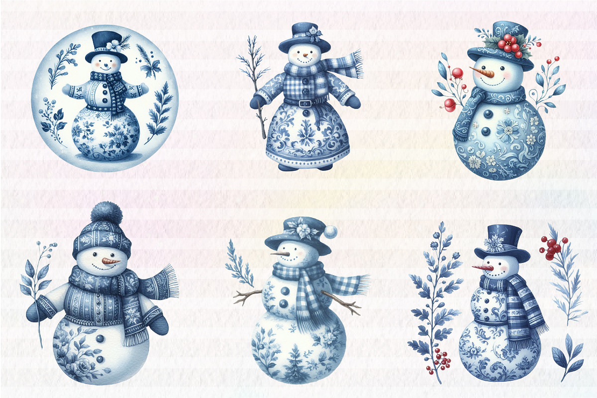 Christmas Blue Toile Snowman Clipart, an Illustration by CreationArt (Photo 4 of 6)