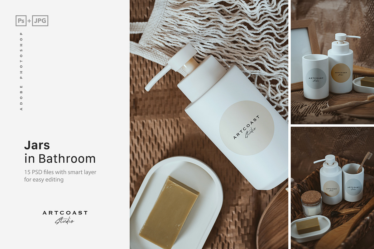 Jars Blank Mockup in Boho Bathroom, a Packaging Mockup by Artcoast Studio (Photo 1 of 7)