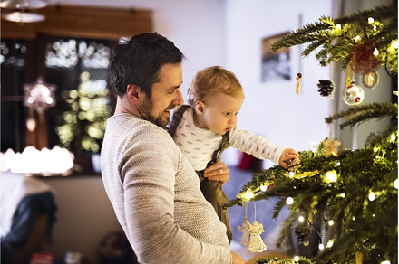 Father showing christmas tree to, a Holiday Photo by HalfPoint