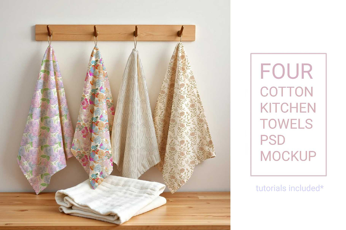 4 Kitchen towels on hooks PSD MOCKUP, a Household Mockup by jenartstudio (Photo 1 of 2)
