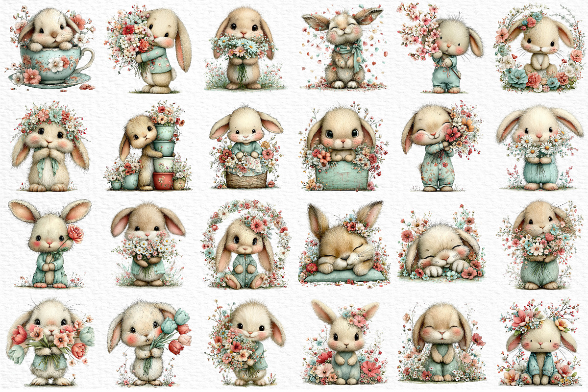 Bunny and Flowers Clipart PNG, an Illustration by Craft Nest (Photo 6 of 12)