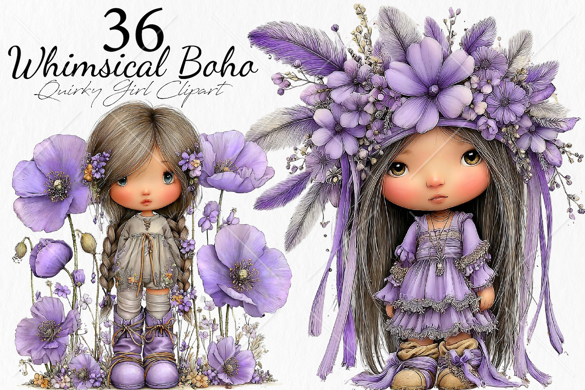 Whimsical Boho Quirky Girl Clipart, a Seasonal Illustration by Canvas Craft (Photo 1 of 10)