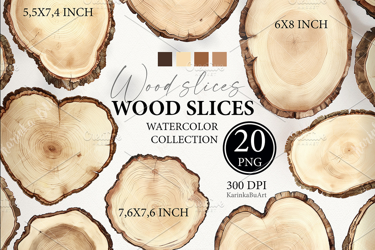 20 Wooden slices Watercolor clipart, an Illustration by KarinkaBU (Photo 1 of 9)