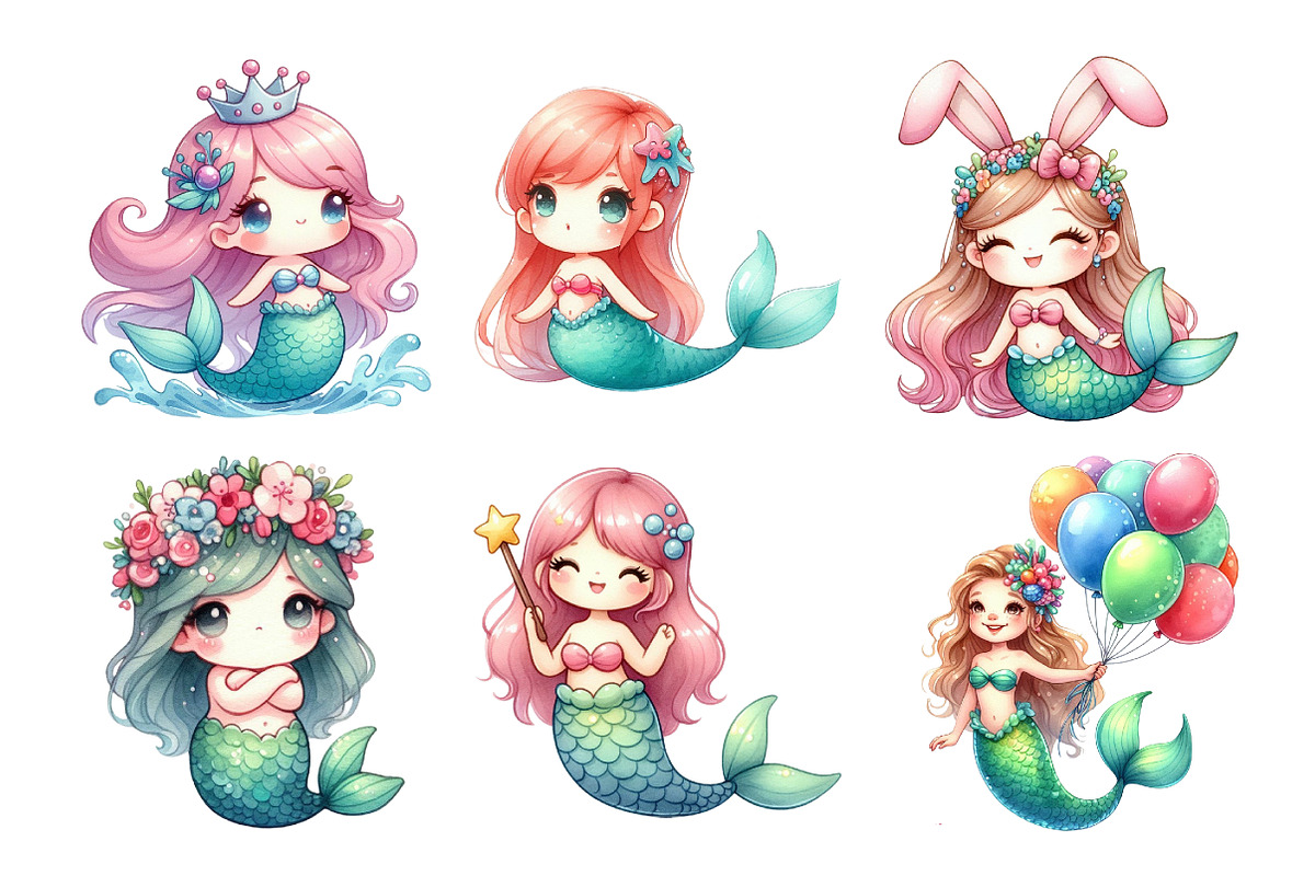 Kawaii Mermaid Clipart Bundle, an Illustration by Daily.Designs (Photo 3 of 4)