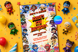 Chibi Superhero Birthday Invitation, an Invitation Template by InvitingStorys