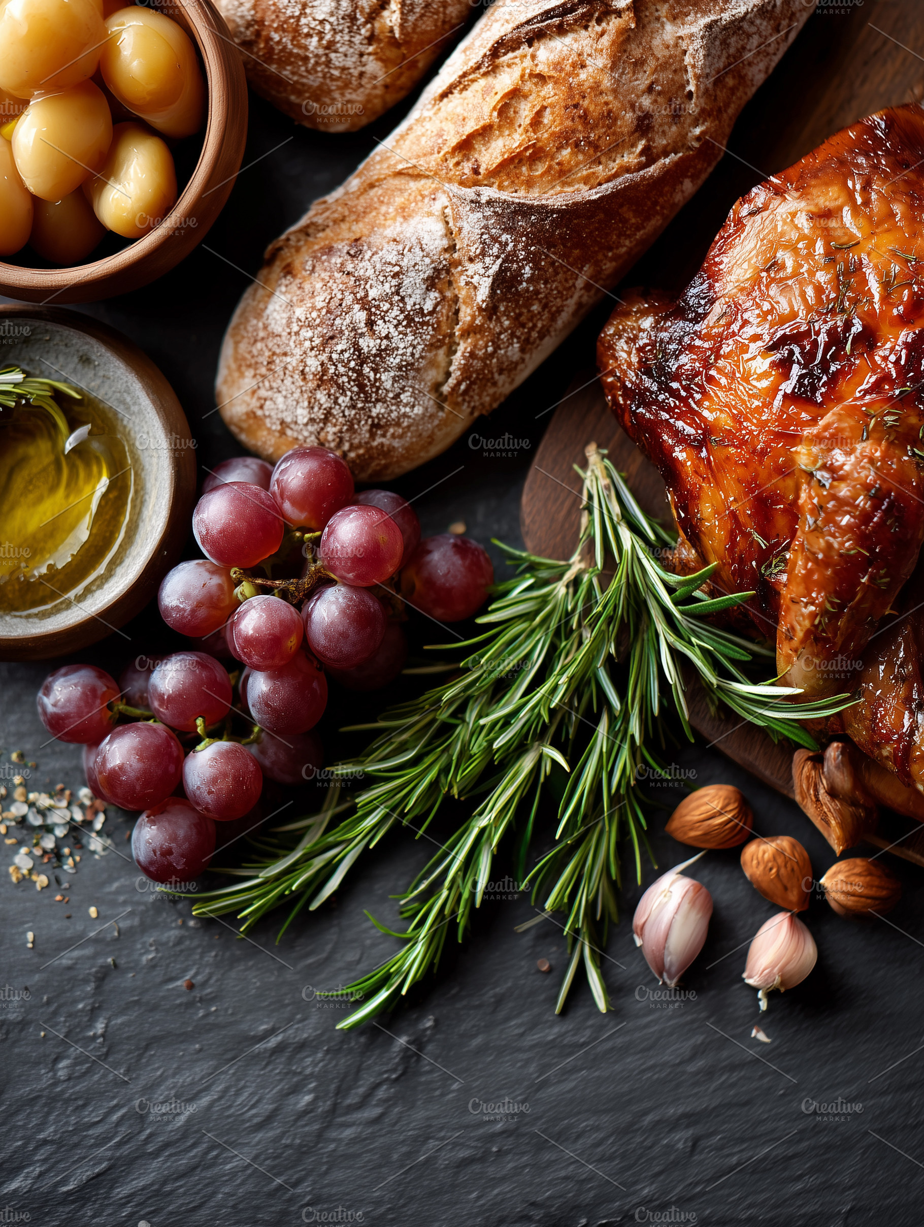 Rustic roasted chicken, crusty bread, a Food & Drink Photo by MistyDay