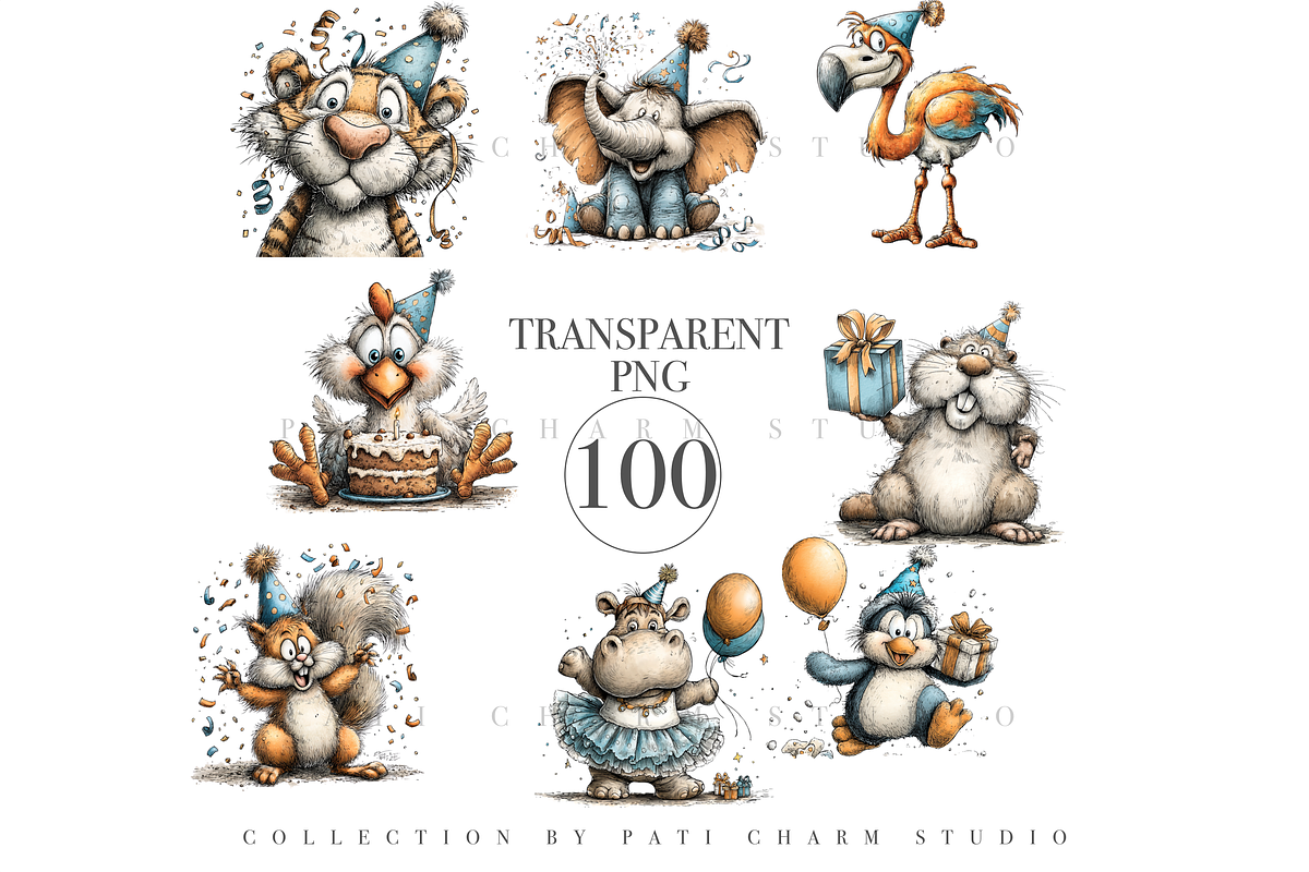 100 Birthday Animal Clipart PNGs, an Animal Illustration by Pati Charm Studio (Photo 4 of 9)