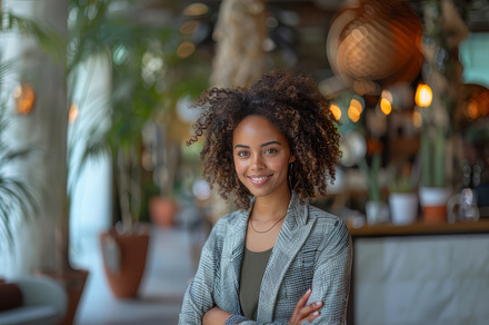 Confident Young African American Businesswoman Smiling in Stylish Office Enviro, a Photo by AS photostudio