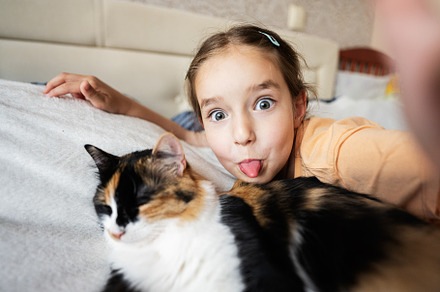 Little girl taking selfie with cat on bed at home. Portrait of a, an Animal Photo by AS photostudio