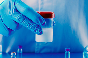 lab worker holds a container with semen, banner, a Photo by Nito