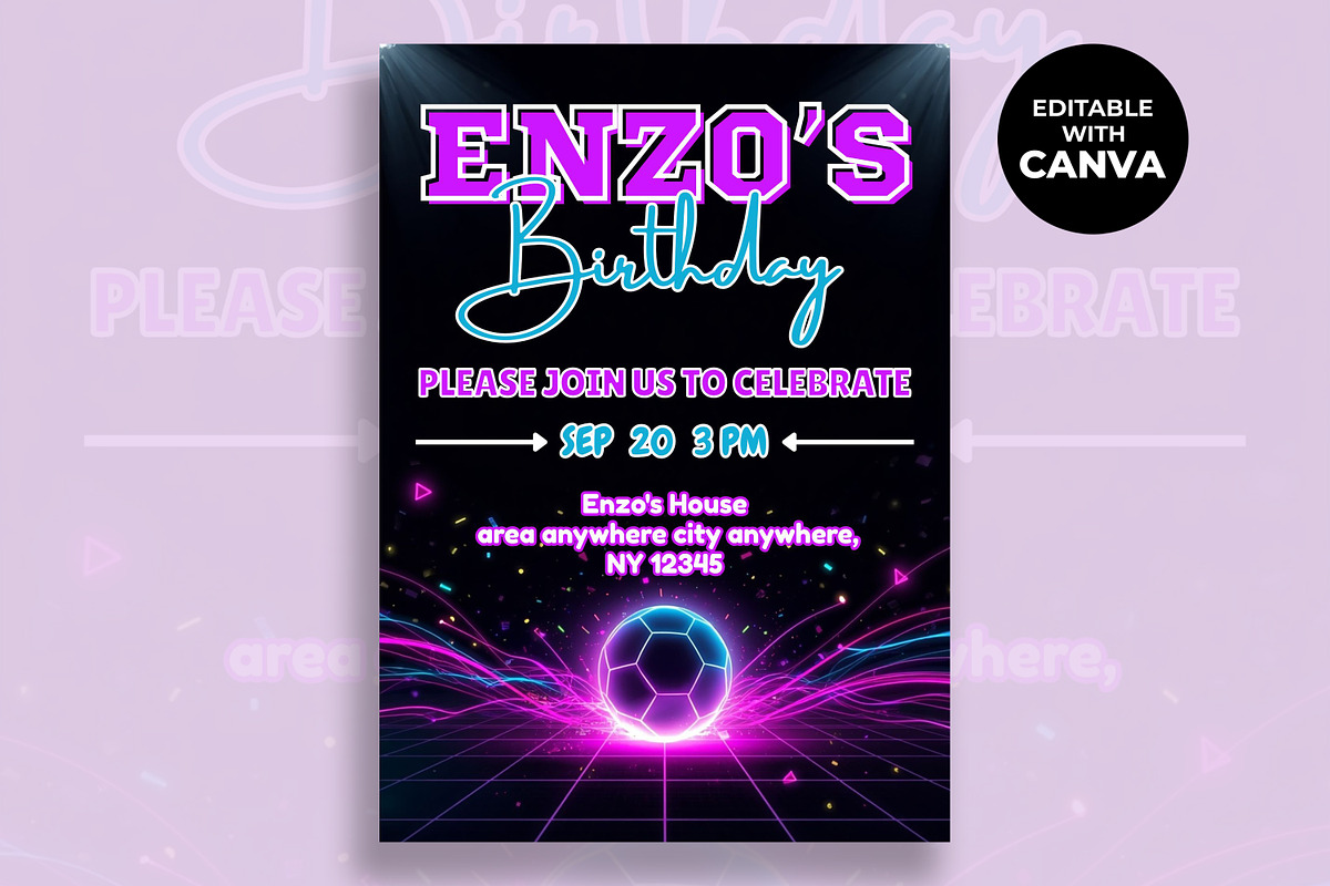 Neon Soccer Birthday Invitation, an Invitation Template by M9 Design (Photo 1 of 4)
