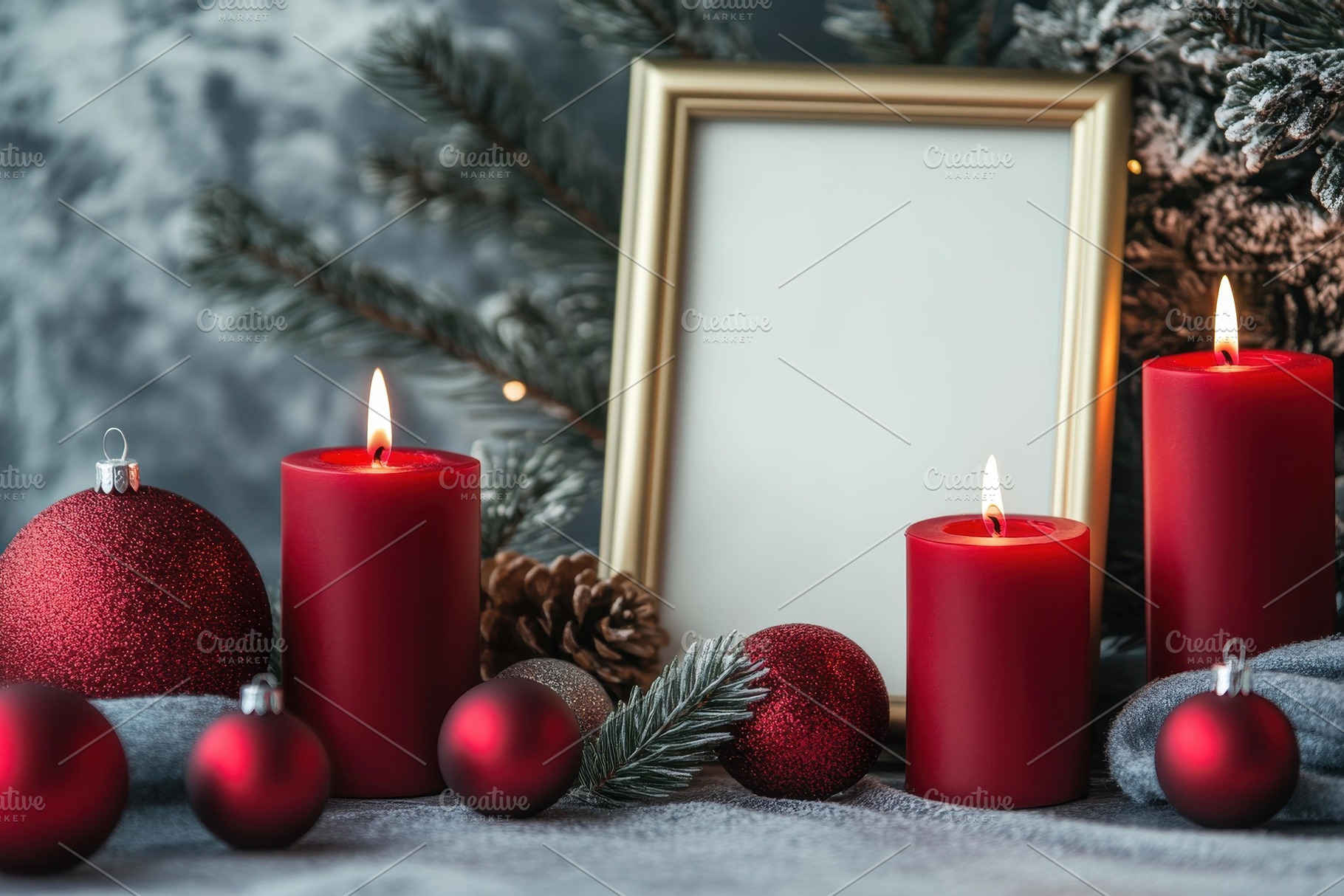 Festive arrangement with red candles, a Photo by Tanuart