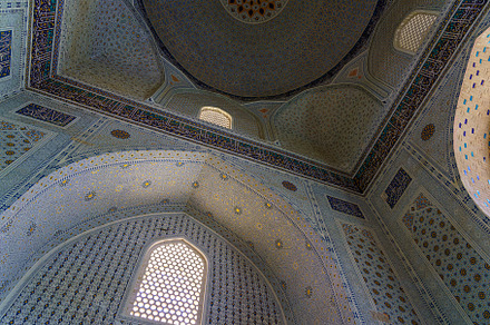 Ornament of the dome and interior of the Bibi Hanum mosque in Sa, an Abstract Photo by Eugene_Photo