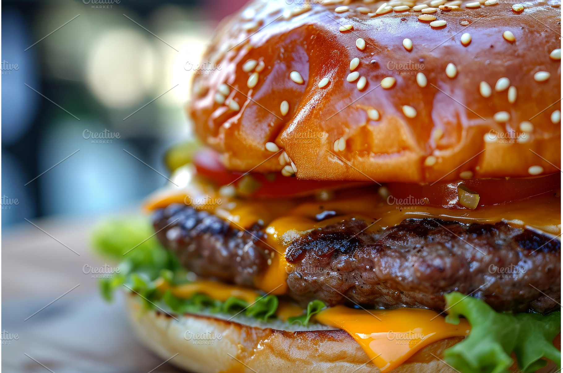 Mouth-watering American beef burger, a Food & Drink Photo by Ylivdesign