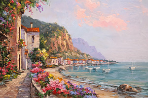 Amalfi Coast inspired oil painting showing Mediterranean village, an Illustration by Studio ANNA