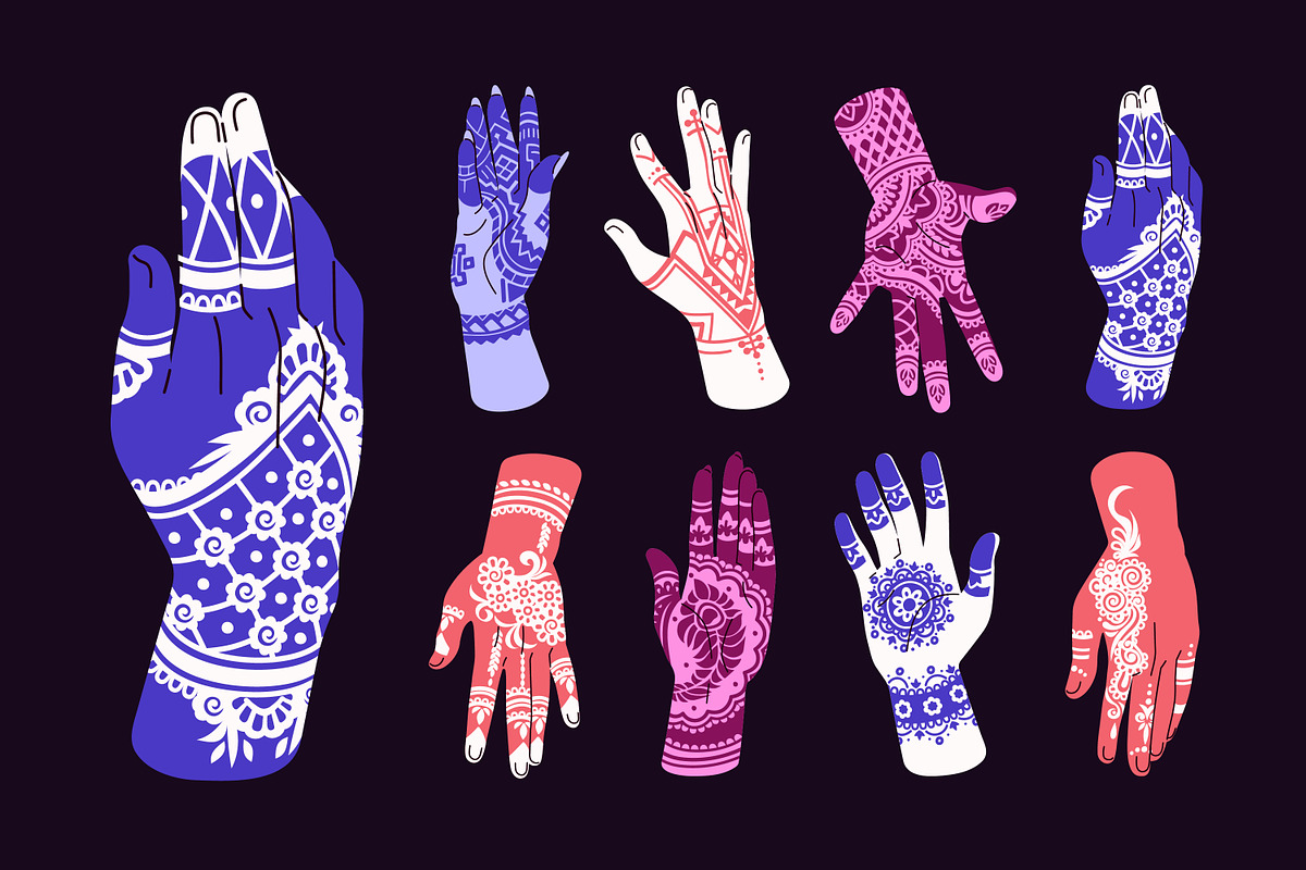 Mehendi, henna tattoos on hands set, a Person Illustration by PaperTrident (Photo 1 of 5)