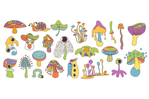 Groovy cartoon psychedelic mushrooms, an Illustration by Lemberg Vector