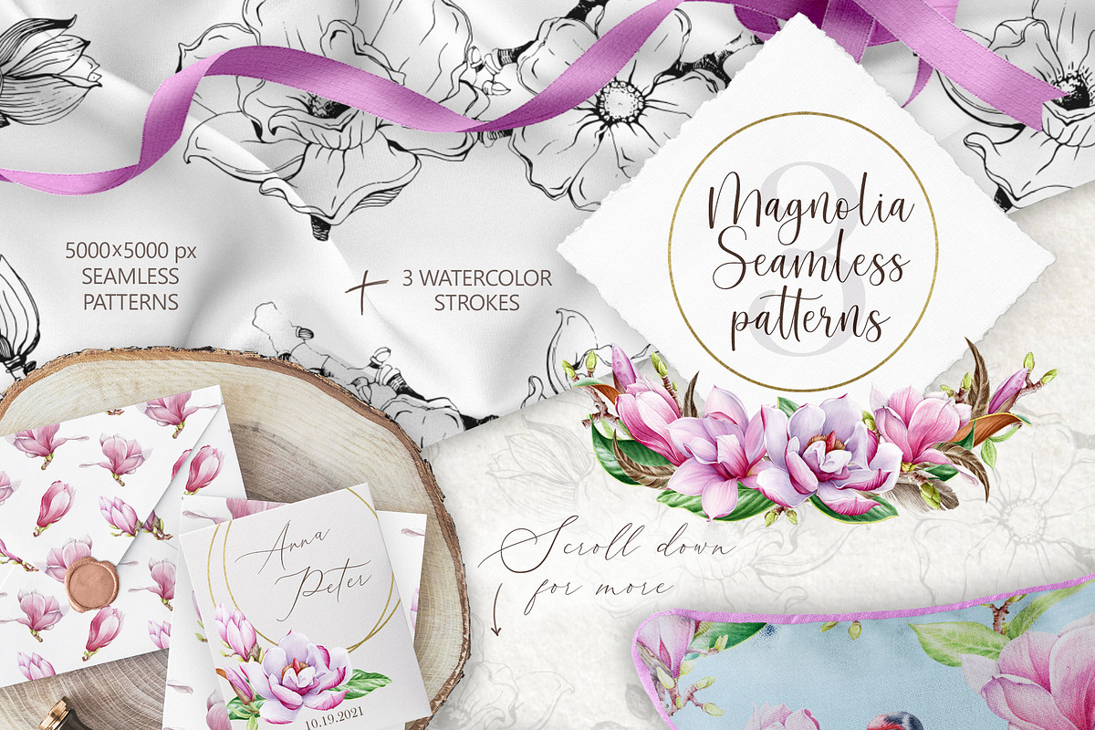 Pink Magnolia Watercolor Collection, a Decorative Illustration by AnitaPol (Photo 8 of 14)