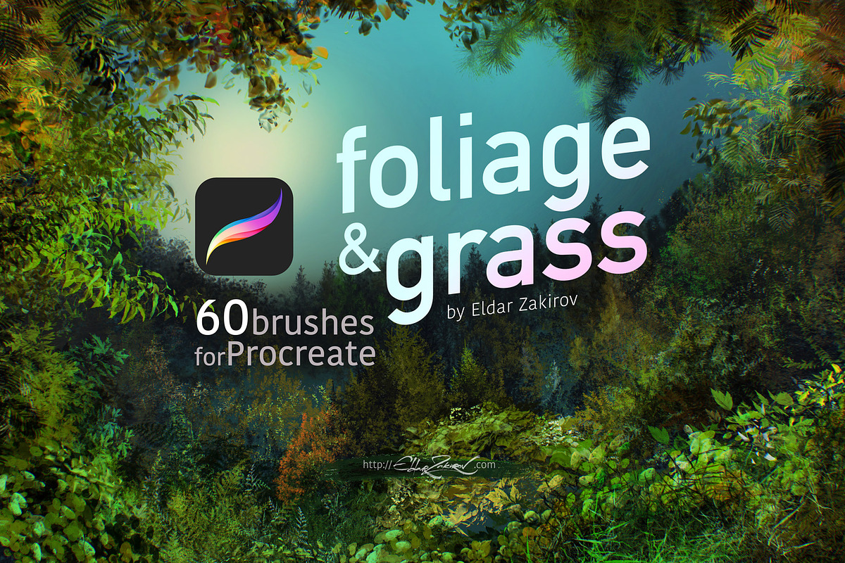 60 Foliage & Grass Procreate brushes, a Brush Add-On by Eldar Zakirov's (Photo 1 of 6)