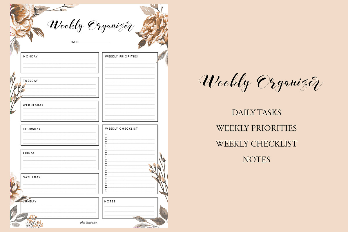 Floral Daily & Weekly Planner, a Templates & Theme by Anis Illustration (Photo 2 of 4)