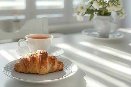 Cup of tea and croissant on white kitchen table, a Food & Drink Photo by AlyaAnd